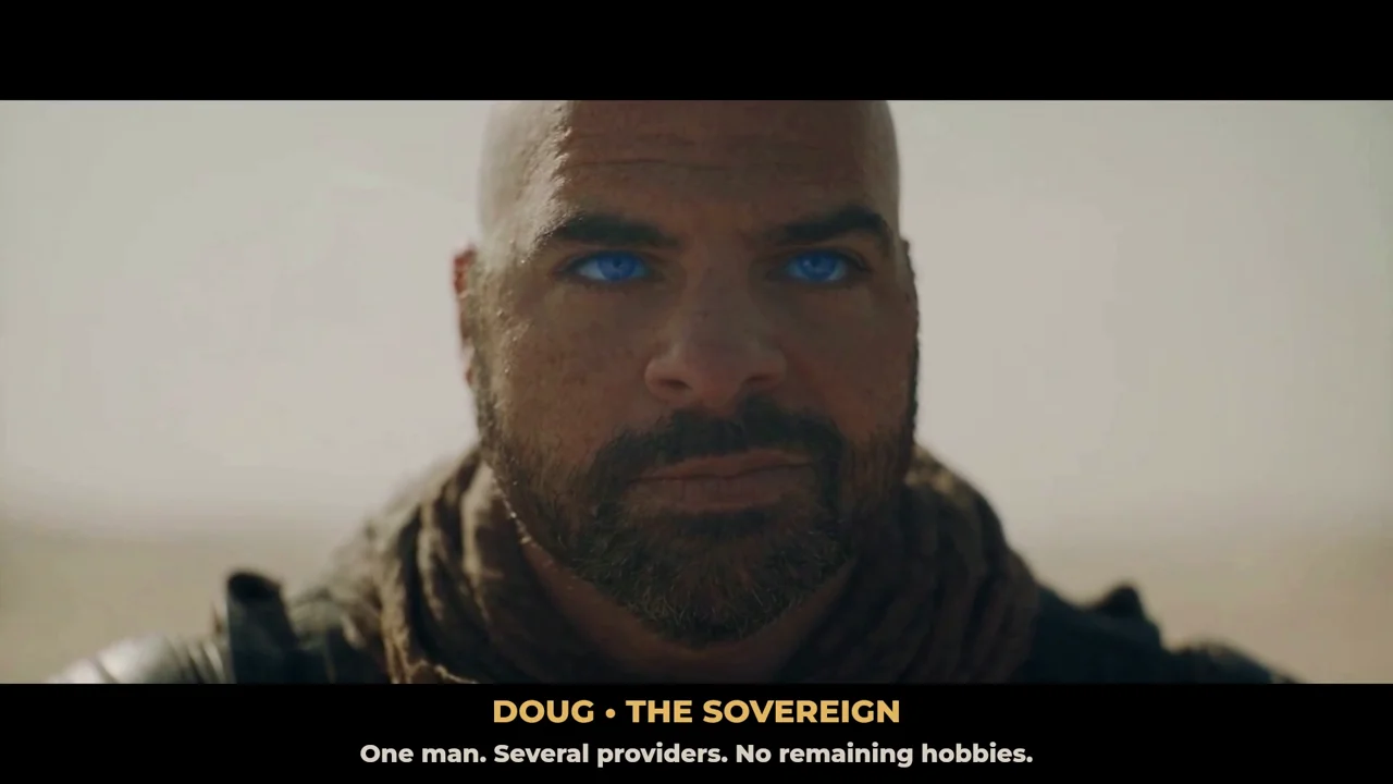 Doug with blue eyes and a desert stillsuit in The Sovereign