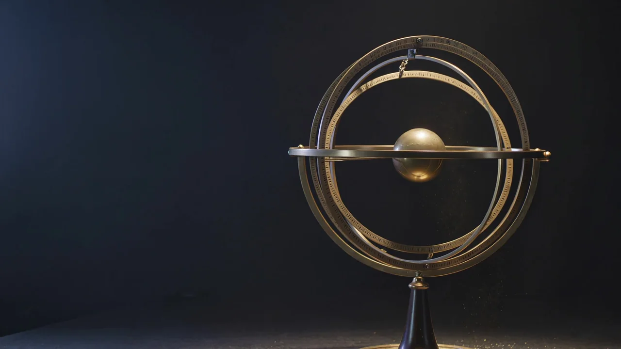 An ornate brass armillary sphere in a field of gold particles