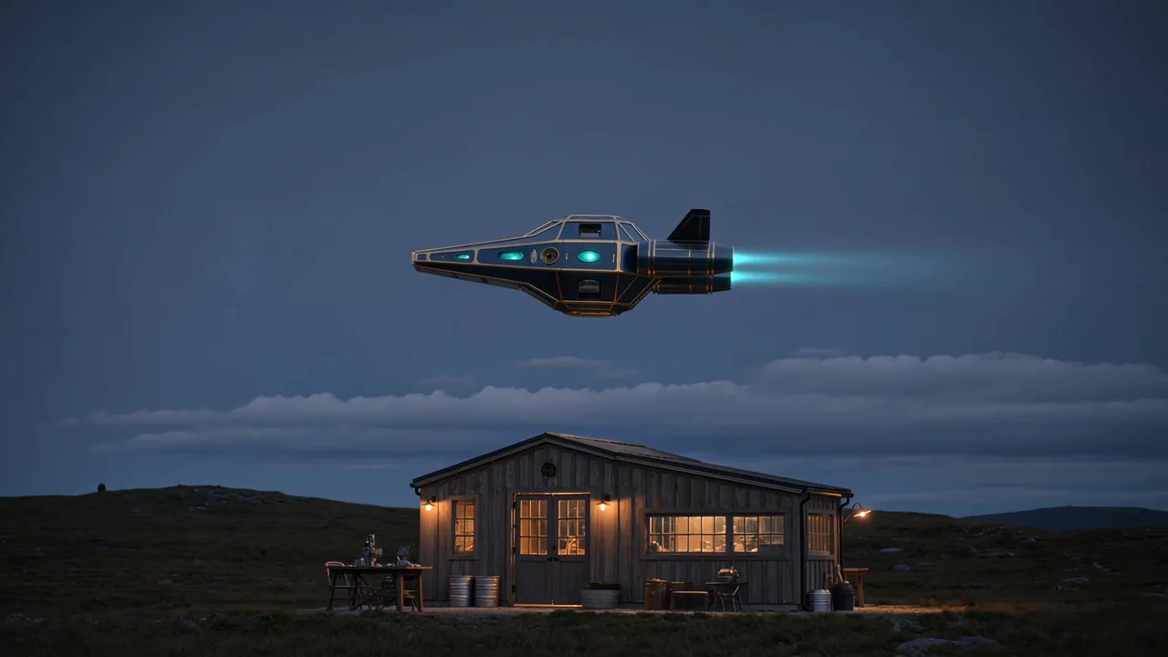 A starship floats above a workshop with warm windows at dusk