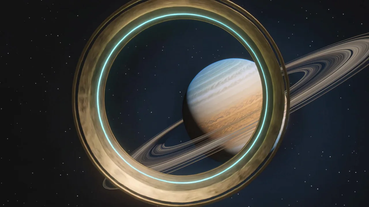 A gold portal opens toward a distant ringed planet