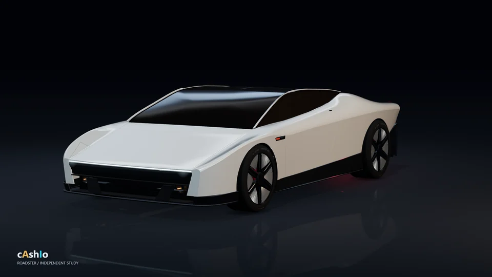 Pearl white Roadster CAD model with bronze glass and sculpted wheels, lit in a dark cinematic studio.