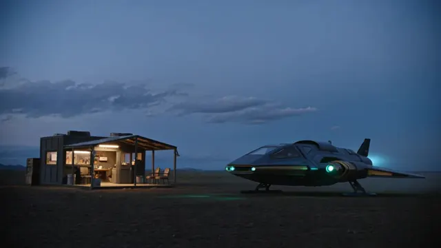 A starship beside a lamplit workshop under a deep blue evening sky.