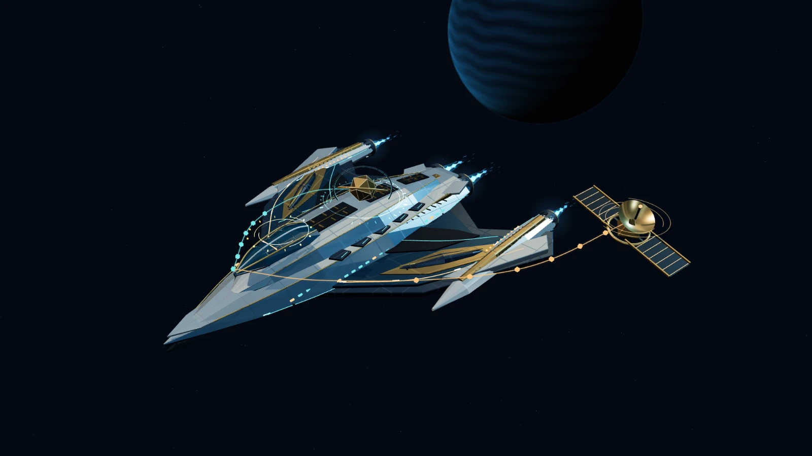 An original titanium and graphite exploration starship with recessed machinery, swept wings, cyan engines, a gold command core, and a separate orbital cloud relay.