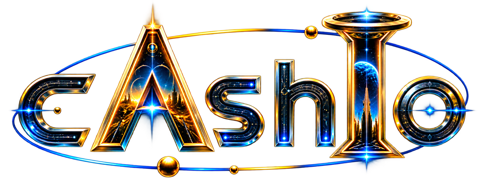 cAshIo: the original celestial logo, with gold and cyan orbital detail