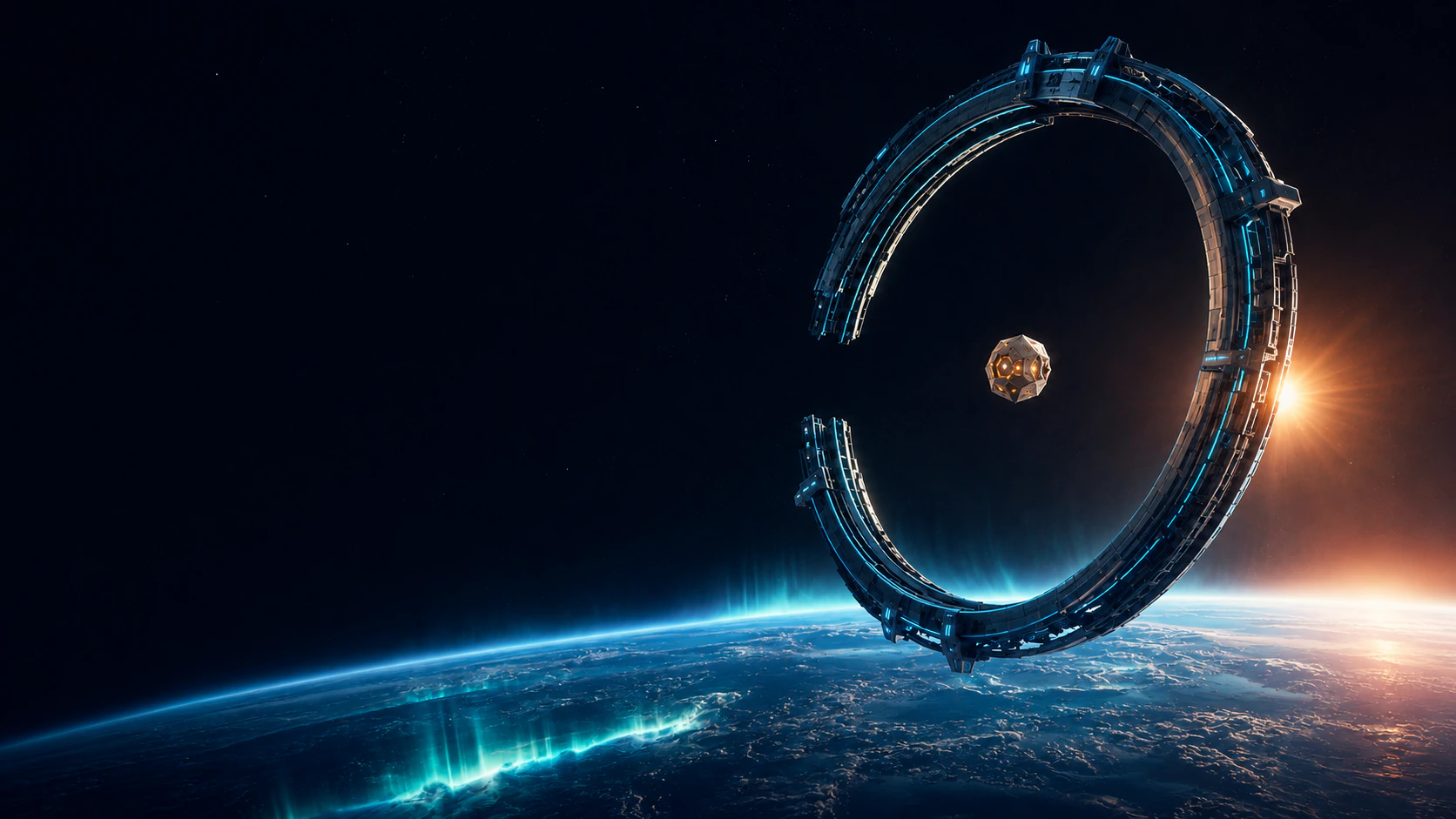 Original concept art: a titanium orbital ring lit in cyan holds a faceted gold core above a blue planet and warm sunrise.