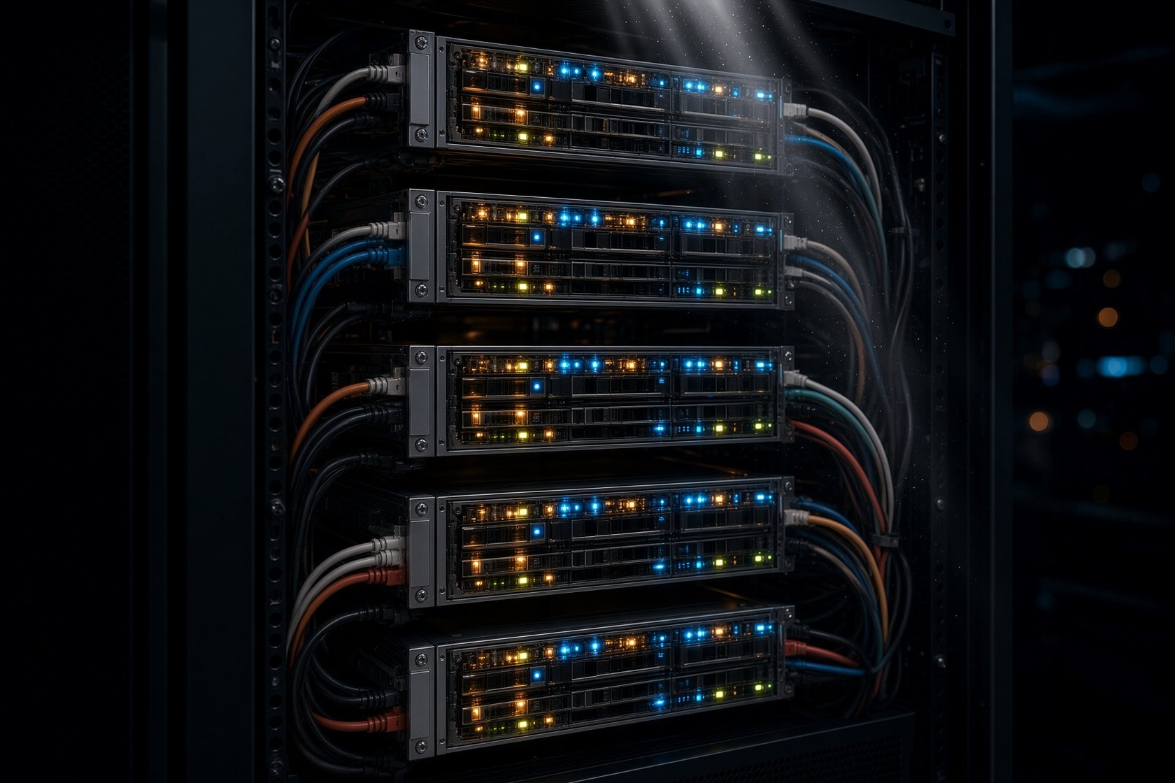 Conceptual server rack visualization with cyan and amber status lights