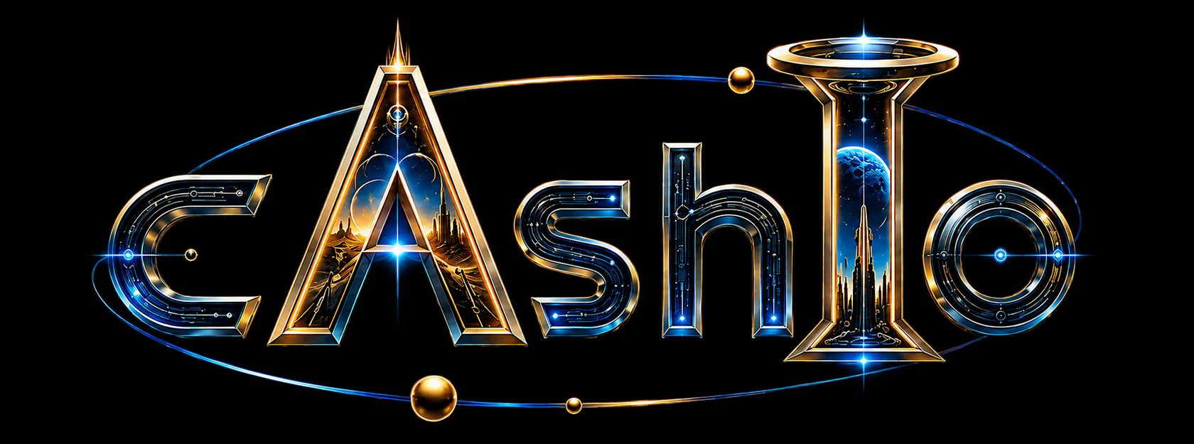 The cAshIo celestial signature: a gold and titanium wordmark inside an orbital ring