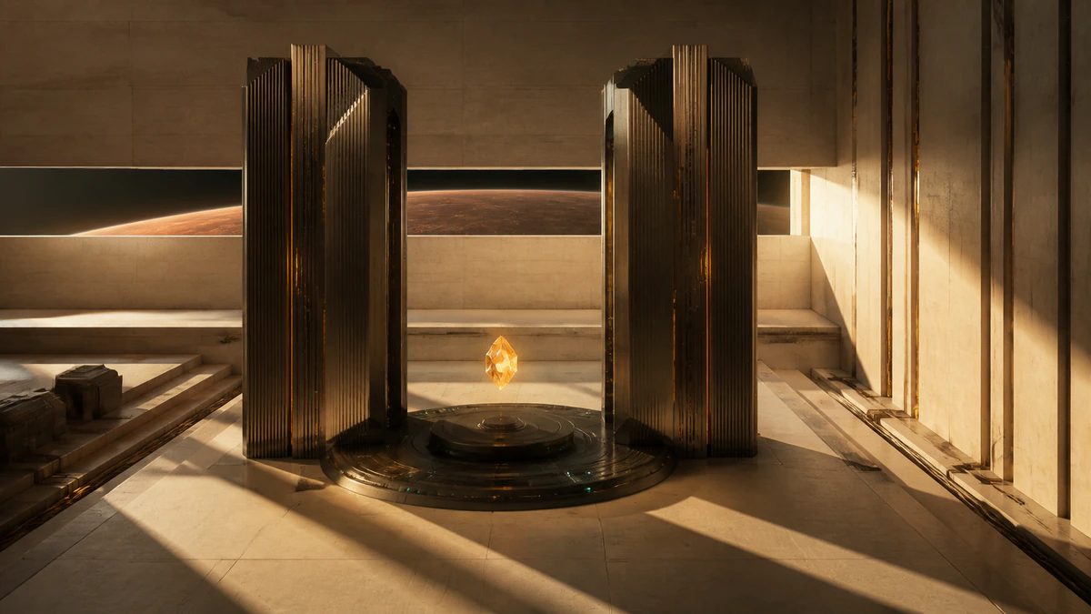 Original concept art: twin graphite computing monoliths in a sunlit stone sanctuary with a faceted amber core between them