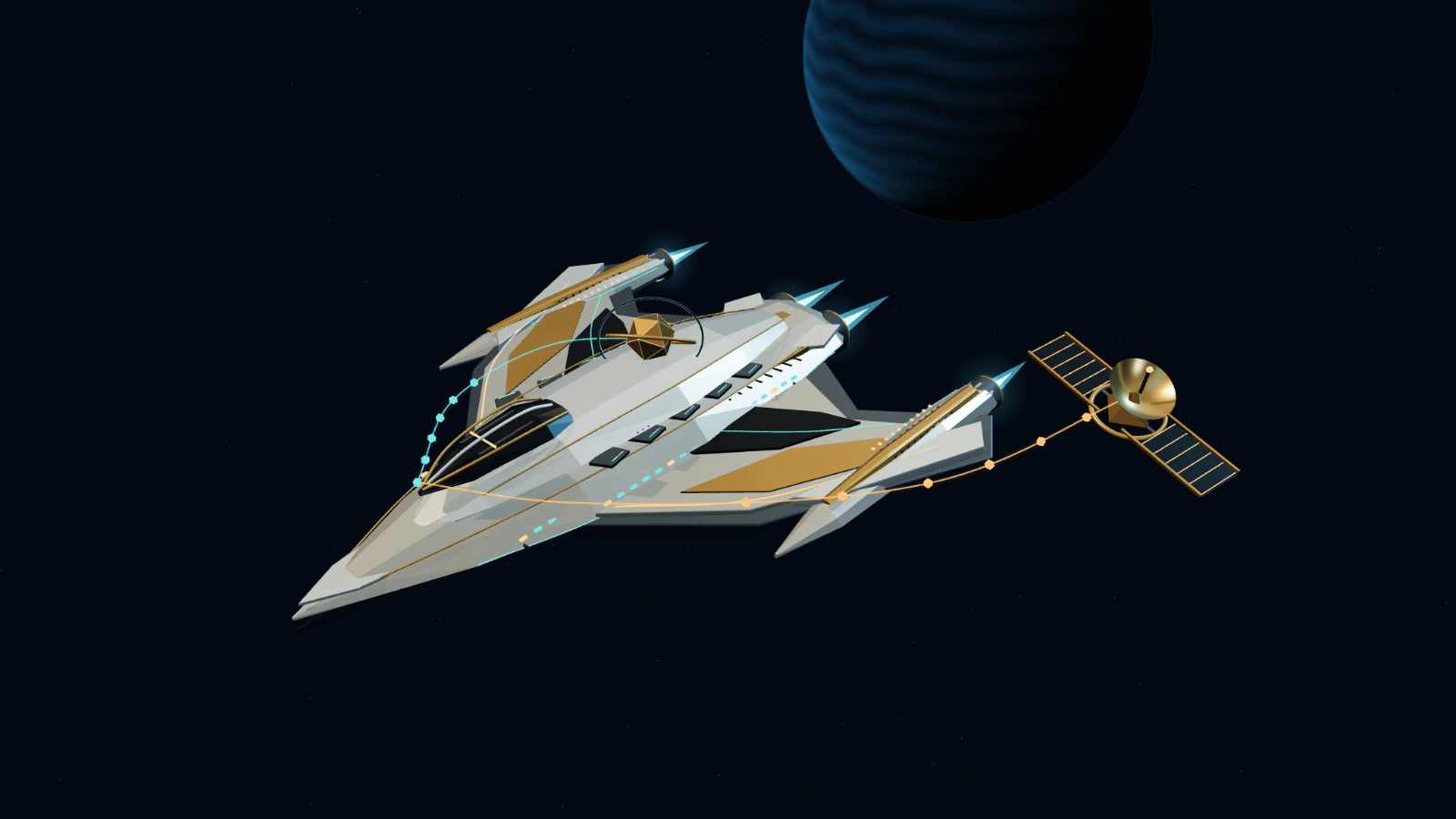 An original titanium and graphite exploration starship with swept wings and cyan engines beside an orbital relay
