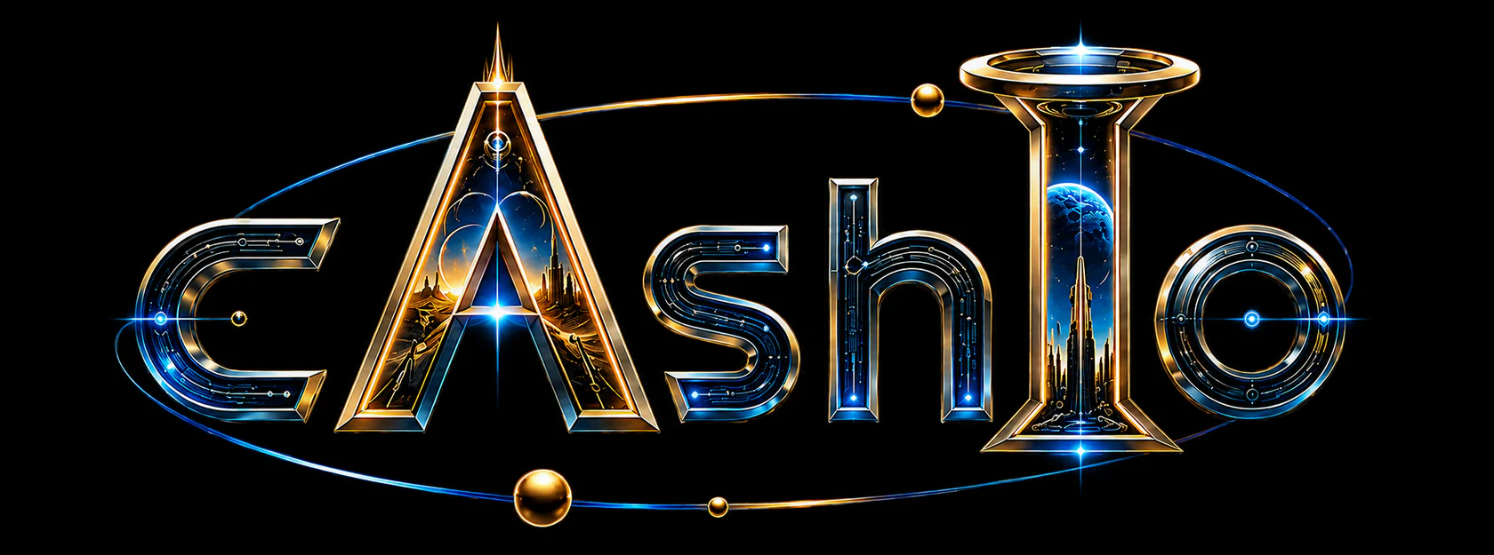The cAshIo celestial signature: a gold and titanium wordmark inside an orbital ring